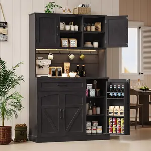 ONBRILL 71" Pantry Cabinet, Kitchen Pantry Storage Cabinet with LED Light & Outlet, Kitchen Hutch with Microwave Shelf & 6 Hooks, Door Shelves & Drawer & Adjustable Shelves, for Dining Room