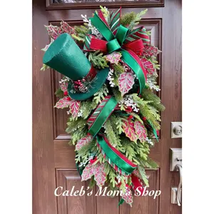 Whimsical Top Hat Christmas Swag Wreath | Festive Holiday Door Decor