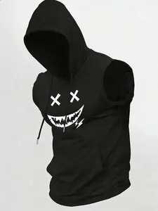 Men's Sleeveless Hooded "Evil Grin" Graphic Tank Top - Edgy Rebel Vibe, White X-Eyes & Sharp Grin Print, Soft Stretchy Fabric, Perfect for Gym Training, Running, Streetwear & Casual Wear, Bold Performance Top for Fitness Enthusiasts & Alternative Style Fa