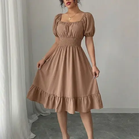 Summer Casual Bohemian Fashion Dress, Square Neck Short Sleeve, Ruched Waist Pleated, Beach Vacation Dress, Solid Color Mid-Length Design, Women's Fashion Clothing, Summer Ruffle Dresses, Womenswear