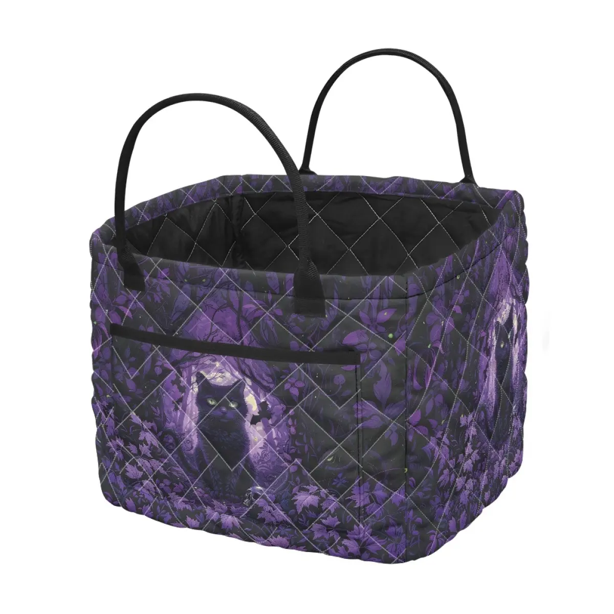 Halloween Quilted Storage Organizer Basket, Purple Black Mystical Black Cat Print Fabric Storage Bin, Multi‑PurposeTote Bag for Clothes, Toys, Bedroom Home Halloween Decor
