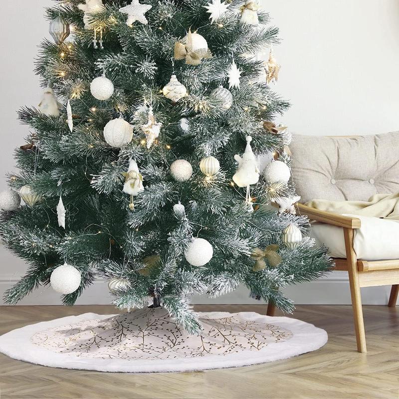 Christmas Tree Skirt 48 Inch, White Faux Plush Tree Base Mat, Thick Soft Rug for Holiday Home Decor, Xmas Tree Skirt for Party Decoration, Winter Christmas Decorative Floor Cover