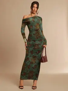 Autumn And Winter Green Flocked Floral Fabric Asymmetrical Neckline Asymmetrical Shoulder Ruched Bodycon Long Sleeve Elegant Sexy Maxi Dress Suitable For Valentine's Day, Christmas, Date/Outing/Nightclub Party/Gathering, Elegant Party, Daily Date