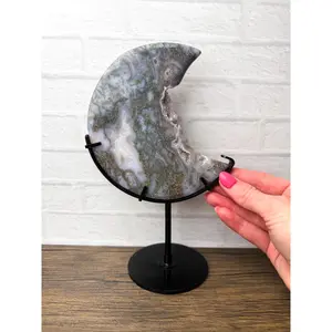 Moss Agate Crystal Carved Moon on Stand – Natural Stone #82