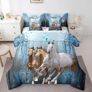 Feelyou 7-Piece Horse Bedding Set - Cherry Blossom Branches & Galloping Steed Blue Comforter with Bedsheet Sets, Wild Animal Themed Bedding for Kids