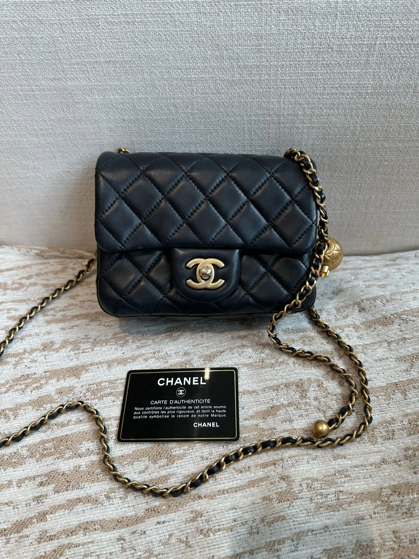 Pre-owned CHANEL Classic Square Mini Black Gold Lambskin Gold Ball Chain Crossbody Clutch Purse 99% New, 30 Series (2020), Handbag Shoulder Bag