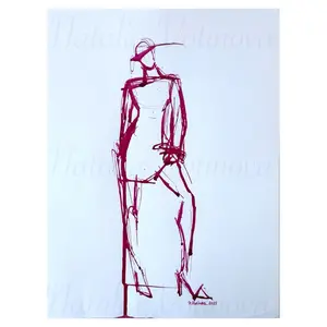 Ink Sketch by Natalia Votinova 9x12 - Magenta Gesture Drawing on White Background