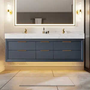 Glam 60" Modern Floating Blue Rubberwood Bathroom Vanity Cabinet with Lights and Stone Slab Countertop, Dual Sinks