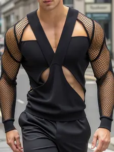 INCERUN Tops Menswear Men Clothing Summer Spring Men T-Shirts Basic Long Sleeve Sexy Sheer See-Through Mesh Hollow Out V Neck Tops Tee Streetwear Party T Shirts