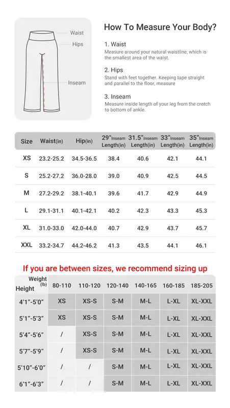 Original YEOREO size chart XS to XXL with waist hips and length measurements