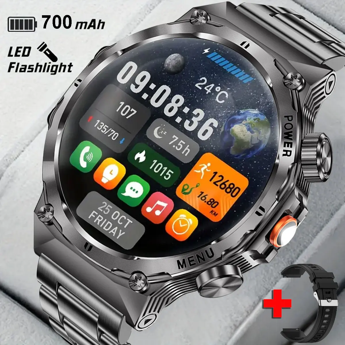 Men's military-style smartwatch (for answering calls/ making calls), 1.7-inch high-definition fitness watch, 24-hour heart rate and sleep monitor, men's smartwatch, 114+ exercise modes, IP68 waterproof Android smartwatch, 14Day, black