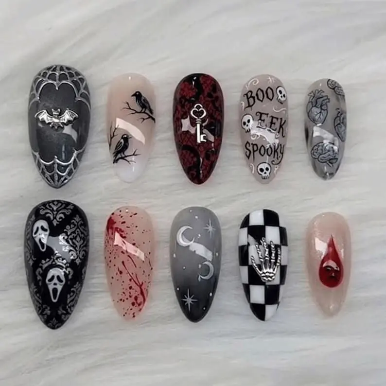 Gothic Horror Movie Press On Nails | Spooky Ghost Face Fake Nails | Black Checkered Halloween False Nails | Blood Splatter Nails Nail Art Kit Nail Box backtoschool