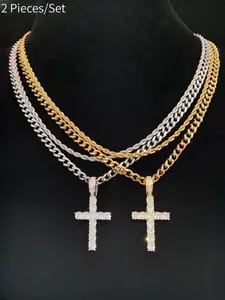 Hip Hop Twist Chain Necklace & Rhinestone Cross Pendant Necklace, Birthday Gift ,Stainless Steel Matching Necklace,Mother's Day Gift, Couples Gifts pendant size stainless steel cross  pendant crown pendant necklace chains iced  out  bracelet