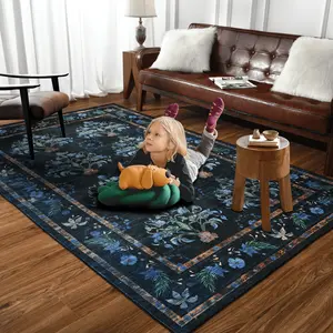 Black Washable Large Rugs,Faux cashmere Area Rug,Indoor Home Decor Rug,vintage printed carpet,Boho Vintage Distressed Non-Slip Low-Pile Non Slip Carpet for Living Room,Dining Room,Office, 5x8ft,6x9ft