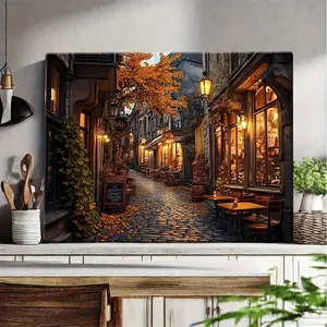 Autumn Pebble Street Canvas Art with Wooden Frame - Charming Antique Store and Green Tree Scene, Warm Autumn Leaves and Cozy Café Atmosphere, Perfect for Living Room, Bedroom, or Bathroom Decoration Gift Print Hanging Kit Ornaments Artistic Wall