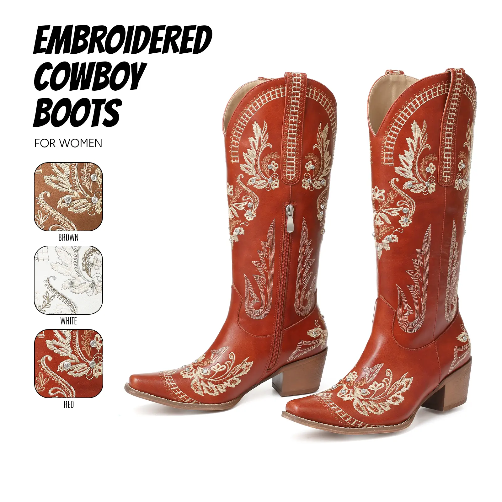 Cowboy Boots for Women Sparkly Rhinestone Western Knee High Boot Classic Embroidery Pointed Toe Chunky Block Heel Side Zipper Comfy Wide Calf Easy Pull on Retro Fashion Vinatge Party Festival Country Wedding Tall Long Dressy  Shoes