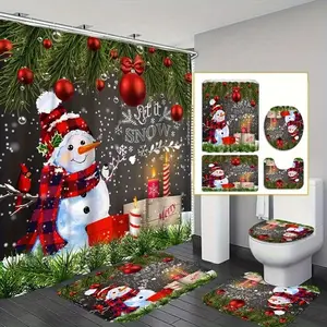 Christmas Snowman Shower Curtain Set with Non-Slip Rug, Bathroom Decor, Includes Bath Mat, U-Shaped Pad, Toilet Lid Cover, 70x70 Inches, Bathroom Decoration Accessories