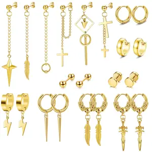 Drperfect 22counts Stainless Steel Dangle Earrings Set for Men Hinged Hoop Earrings Long Chain Stud Cross Dangle Earrings Set Kpop Earrings for Mens Black  and