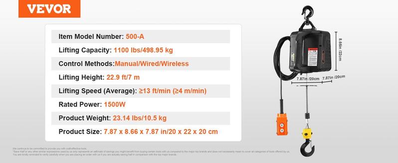 VEVOR 3-in-1 Electric Hoist Winch, TikTokShopBlackFriday, 1100lbs 1500W Portable Power Winch Crane, 110V/120V 22.9 ft Lifting Height, 13 ft/min with Manual, Wired and Wireless Remote Control, Overload Protection