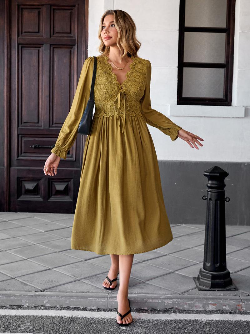 Chicovar Women's Boho Maxi Dress Lace V Neck Puff Sleeve Vintage Flowy Dress for Spring Date Nights, Vacation & Party, Festive Holiday Dress for Christmas | Low Iron Care