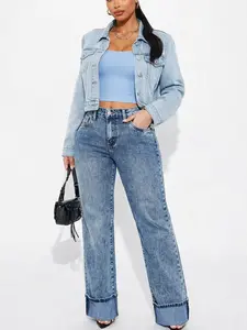 Women's Medium Wash Cuffed Jeans High Waisted Straight Leg Denim Pants Classic Fit for Everyday Style