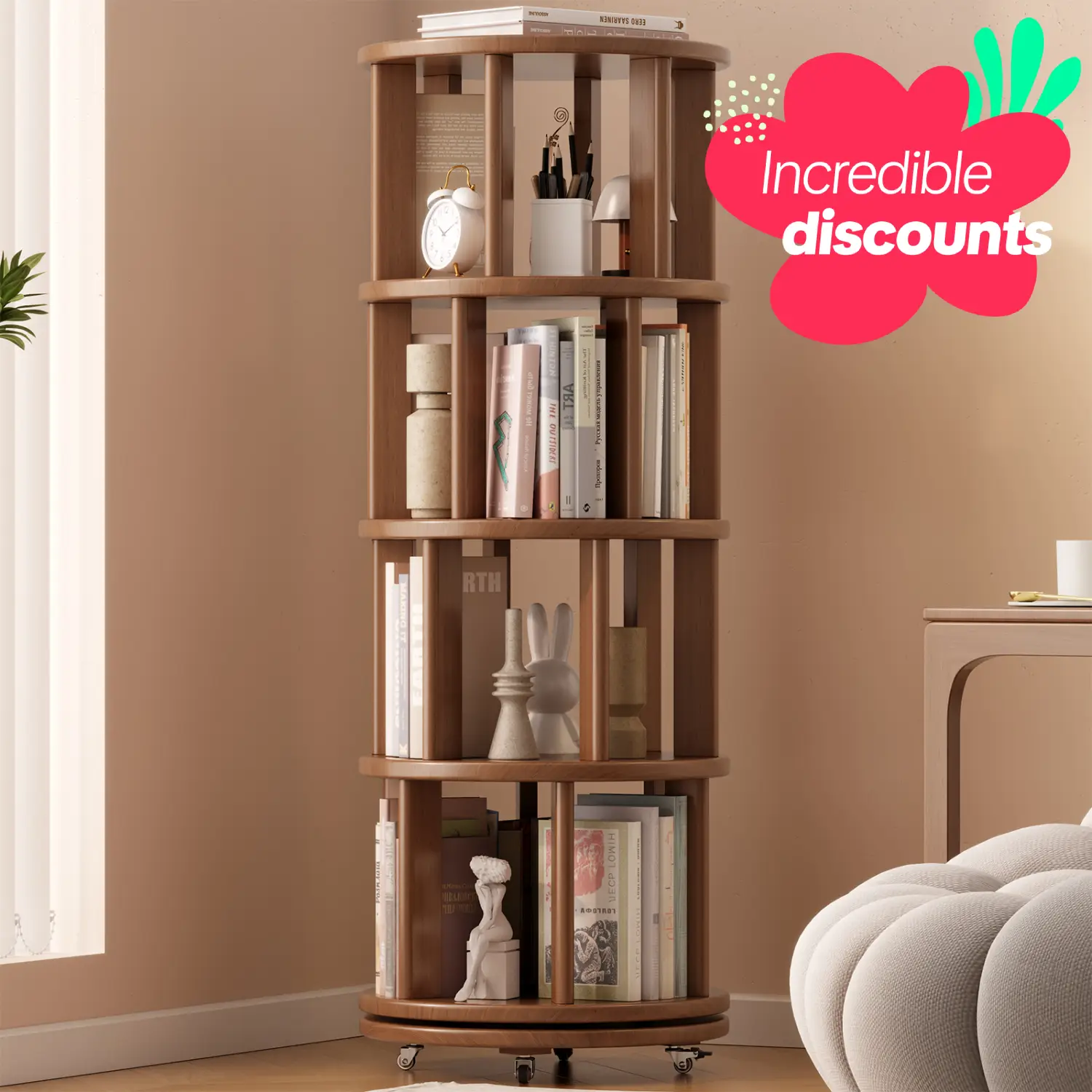 【School】100% Solid Wood - No MDF, Rotating Bookshelf on Wheels, Spinning Bookshelf Tower 360° Display Unique Round Bookcase for Home Study and Office