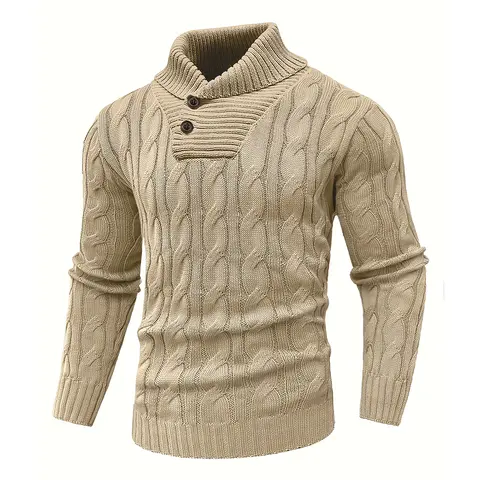 Men's Cable Knit Mock Neck Pullover - Menswear Knitwear Classic Knitwear Tops, Longsleeves, 2-Button, Ribbed Cuffs & Hem, Business Casual Fall Winter Wear