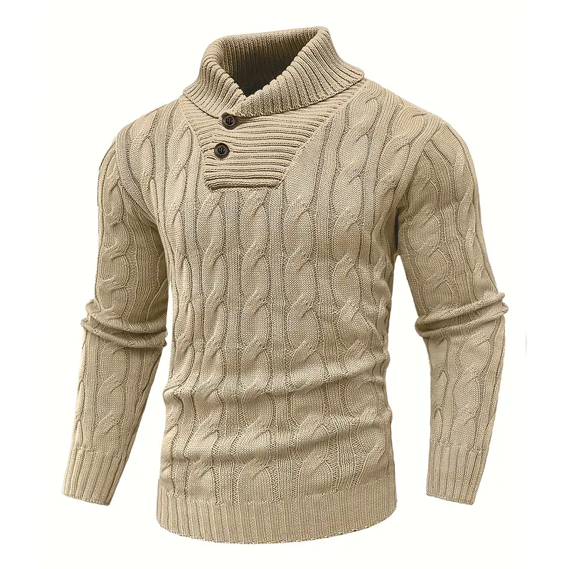 Men's Cable Knit Mock Neck Pullover - Menswear Knitwear Classic Knitwear Tops, Longsleeves, 2-Button, Ribbed Cuffs & Hem, Business Casual Fall Winter Wear