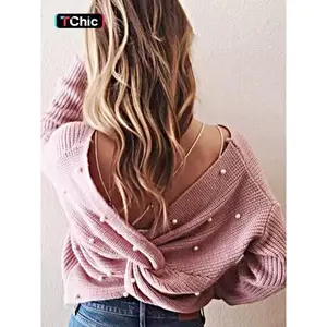 Women’s plain twist-front drop-shoulder sweater with faux pearl embellishments, elegant long-sleeve V-neck jumper for spring and autumn, fashionable women’s knitwear for everyday wear