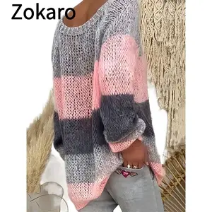 Elegant Loose Fit Color Block Sweater - Pink & Gray Stripes, Round Neck, Cozy Knitwear for Casual and Formal Looks, All-Season Versatile Tops, Trending Streetwear Apparel, Comfortable Everyday Wear