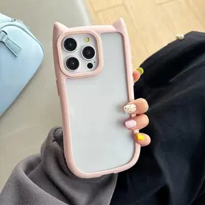 Cute Cat Ear Acrylic Phone Case, Full Coverage Anti-Drop Shockproof Design, Compatible with iPhone 11/12/13/14/15/16/17 Pro/pro Max