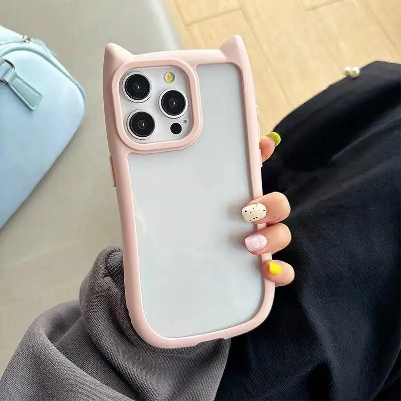 Cute Cat Ear Acrylic Protective Phone Case Casing, Full Coverage Anti-Drop Shockproof Design, Protective Covers Compatible with iPhone 11/12/13/14/15/16/17 Pro/pro Max, Accessories, Protective Cellphone Casing