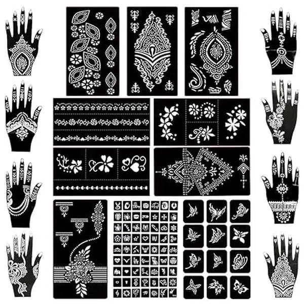 18 Sheets 97PCS Henna Tattoo Stencil Kit, Reusable Mehndi Templates for Bridal Mehndi & Music Festivals — Indian Wedding, Bachelorette Party, Summer Body Art, Women