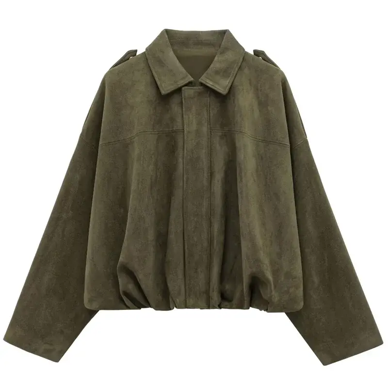 HXAO Women'S Bomber Jacket Lapel Long Sleeve Zipper Suede Jacket Women 2025 High Street Cropped Racing Jackets Coats Outerwears