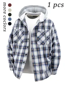 Men's Plaid Hooded Shirt Set, Outdoor Casual Sports Trendy Long Sleeve Blouse Jacket, Spring & Fall Loose Fit Outerwear