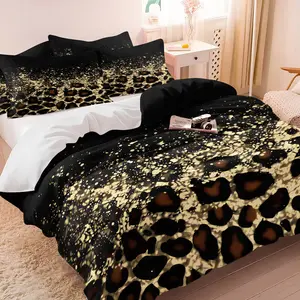 Luxury Black & Gold Leopard Bedding Set, 1 Duvet Cover + 1/2 Pillowcases, No Core, HD Vivid All Season Print, Gradient Glitter Leopard Design, Skin-friendly Fabric for Stylish Bedroom Decor