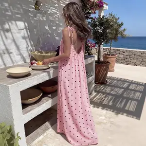 Elegant Open Back Pink Dress for Women, Heart Print Sleeveless Boho Beach Maxi Dress, Summer Resort Holiday Wear