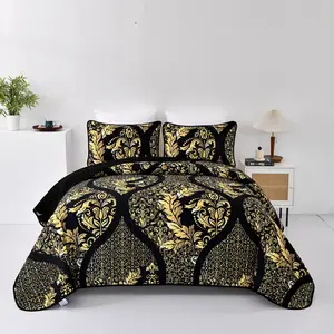 Boho Black Gold Quilted Bedspread Set, 3 Pieces Queen King Size Luxury Damask Soft Bedding Lightweight Summer Quilt Coverlet with 2 Pillowcases