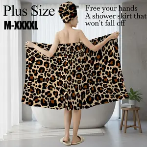 Plus Size M-XXXXL Classic Brown Leopard Print Bath Wrap Skirt & Hair Towel Set, Bath Towel Sets, Non-Slip Adjustable Shower Skirt for Bathroom, Spa, Bachelorette Party, Holiday Gift