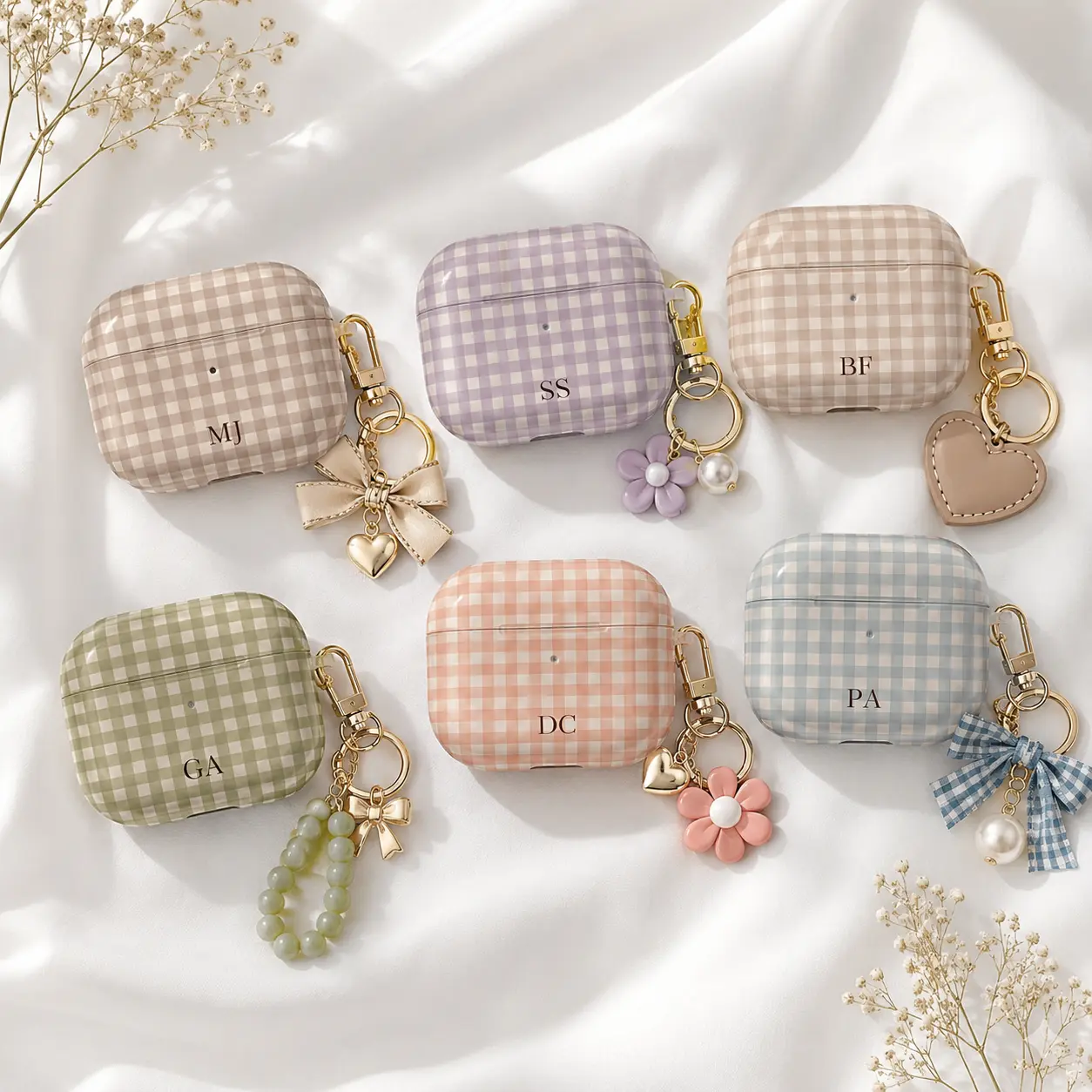 NO KEYCHAIN INCLUDED Personalized Gingham AirPods Case, Pastel Checkered Protective Cover For AirPods Gen 1 2 3 4 Pro, Cute Custom Initial Durable Accessories Case Gift for Women