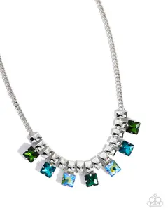 Glimpse of Grunge Edgy Sparkle Necklace with UV-Shimmery Green Multicolored Square Gems on Silver Chain Adjustable Clasp