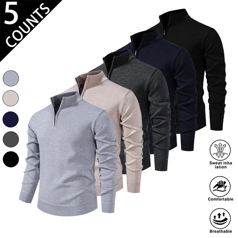 Men’s 5-Pack Mock Neck Knitwear Long Sleeve Tops, Slim-Fit Quarter-Zip Pullover, Soft Breathable Sweat-Wicking Layering Piece, Lightweight for Fall-Winter Wardrobe, Multi Solid Colors