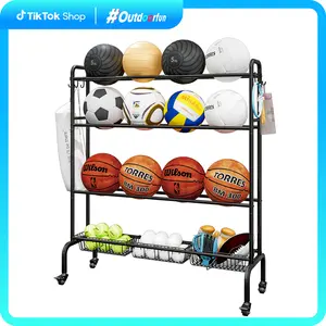 Outdoorfun Basketball Rack Rolling Ball Stand Garage Organization with Wheels, Four-Layer Sports Equipment Storage with Baskets for Basketballs