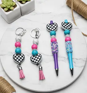 Handmade Checkered Heart Keychain Multicolor Beaded Charm