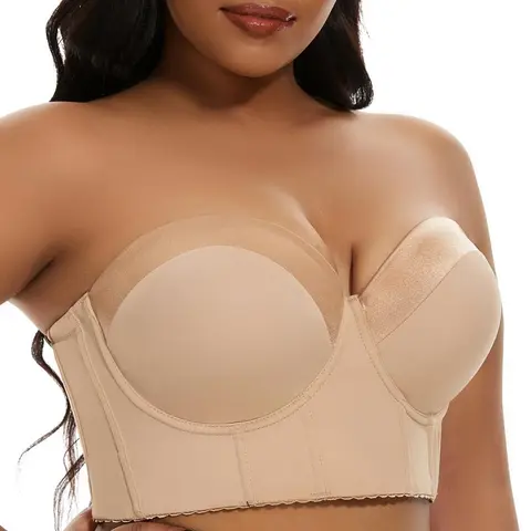 SEA BBOT Women's Plus Size Strapless Push Up Bra - Detachable Straps, Longline, Soft, Light Foam Padded, Anti-Slip Silicone, Seamless, Big Bust Support, Fit for Daily Outwear, Jeans Pairing