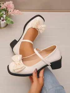 Women's PU Leather Bowknot Chunky Heel Mary Jane Shoes, Square Toe Buckle, Casual Stylish All-Season Footwear, Versatile Commuter Shoes