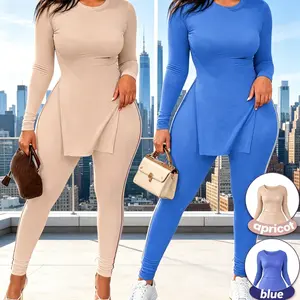 Women's 2025 Trendy Plus Size Solid 2-Piece Loungewear Pajamas Set - Longsleeve Crew Neck Top, Asymmetrical Hem, Stretchy Spandex Leggings, Soft Minimalist Fabric for Fitness, Casual Clothes Use (Apricot, Blue)