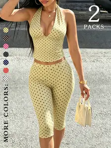 2 Pack Women's Polka Dot Halter Neck Top & Capris Pants Set, Slim Fit 2 Piece Summer Outfits, Trendy Streetwear with Paisley Print Vibe, Perfect for Coachella & Daily Wear