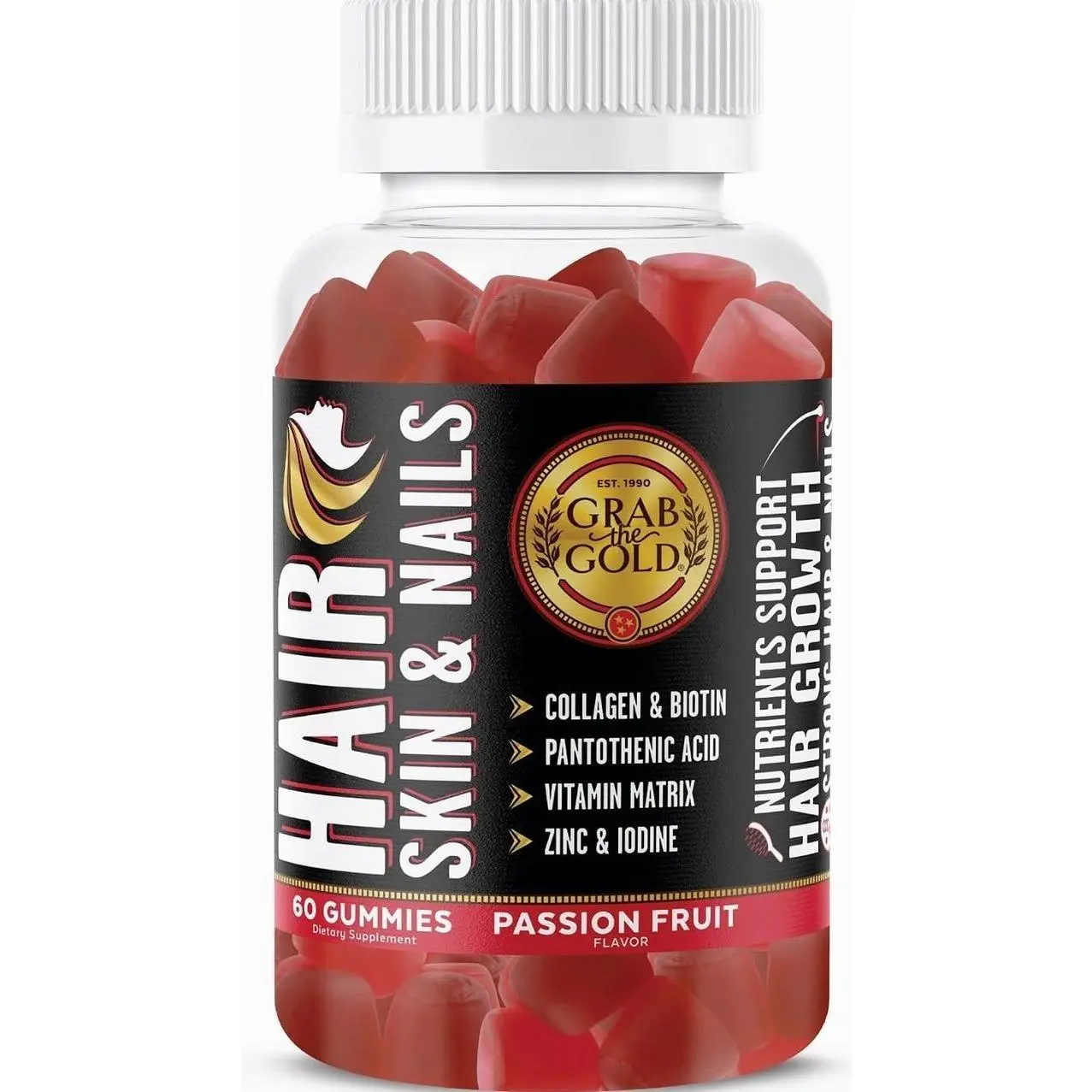 Grab The Gold Hair Skin & Nails Vitamins for Women | Gummies with 6000mcg Biotin & Collagen | 10 Essential Vitamin & Minerals | Gluten-Free, Non-GMO, Passion Fruit Flavor | 1 Month Supply