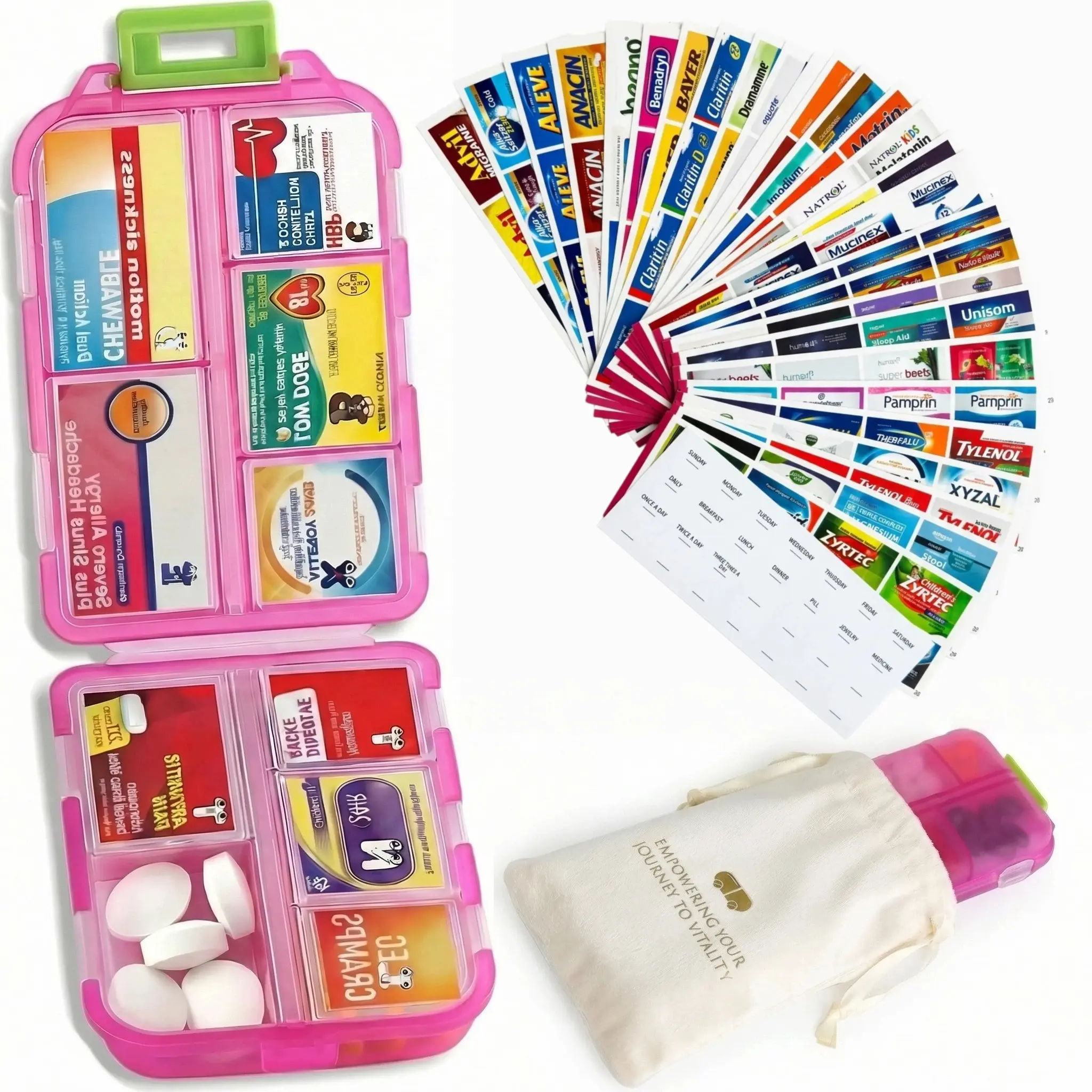 Travel Pill Organizer with Medicine Label Stickers, Mini Portable Daily Pill Container, Compact Medication Storage Case for Pills, Vitamins, Supplements & Travel Essentials